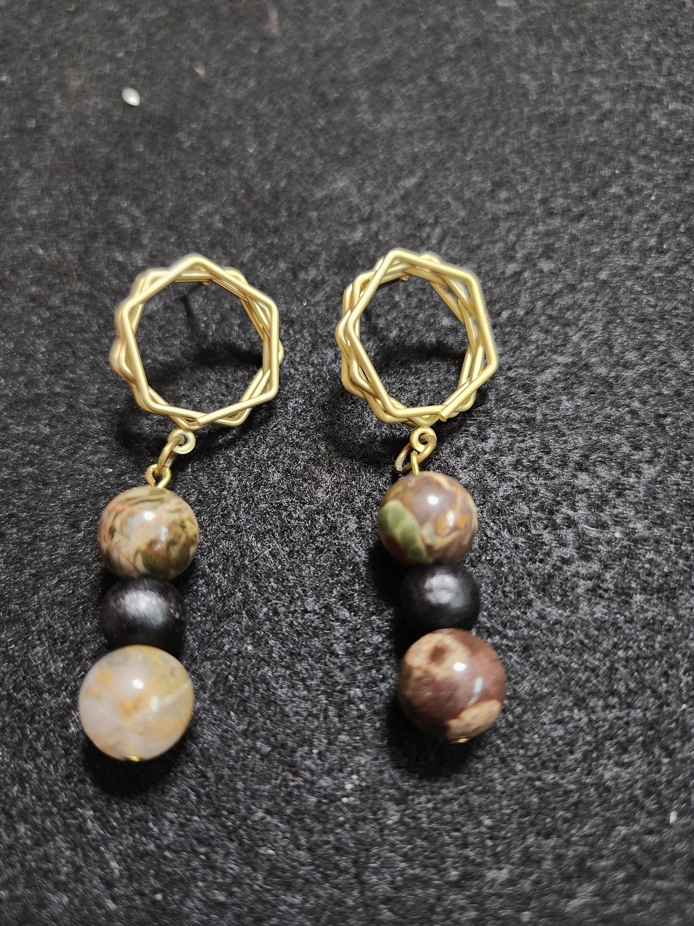 Gold Hoop Drop Earrings with Earth-Tone Beads